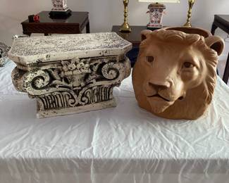 Italian Ceramic Lion Head Planter and Ceramic Stand- $35 for both