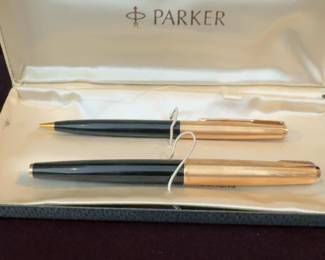Vintage Parker 61 Fountain Pen & Mechanical Pencil Set Black Gold Filled Caps in Original Box