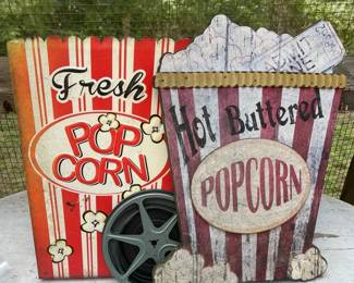 Vintage Pop Corn Signs Wood  Metal Old Film Reel In Metal Canister