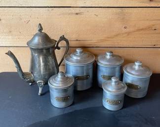 Vintage French Aluminum Kitchen Canisters With Brass Labels  Silver Plated Teapot