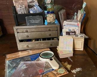 Stamps Stickers Stencils Embellishments Tools w Vintage Metal Drill Bit Box