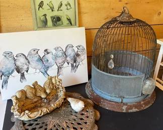 Vintage Birdcage Bird Pictures  Ornate Cast Iron Trivet