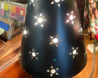 Vintage Table Lamp With Green Metal Base Black Shade With Star Cutouts  Crystal Accents