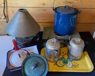 Vintage Camping Pots Coleman Burner Percolators  Electric Tin Can Lamp