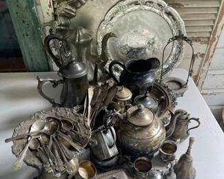 Large Lot Of SilverPlated Items Including Tea Seats Platters Flatware  More