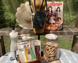 Vintage Sewing Lot Including Dressmaid Form Butterick Patterns Clothes Pins Crocheted Hats