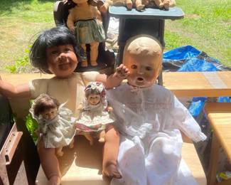 Vintage Dolls With Small High Chair  Chair