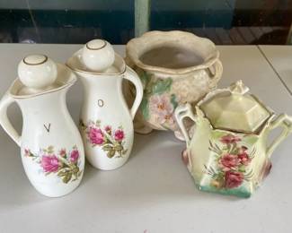 Two Nasco Moss Rose 22kt Gold Decorated Pitchers with Rose Jar and Ceramic Flower Planter