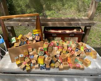 Large Lot Of Wooden Alphabet Blocks With Carrier  Decoupage Storage Bin Humpty Dumpty