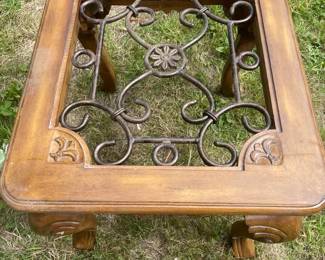 Tuscany Style Wrought Iron End Table With Carved Wooden Frame