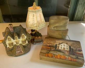 Lighthouse Sculpture Lamp with Ceramic Model House Demdaco Bookends and HandPainted Folk Art Box