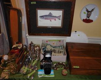 Cannon 35mm Camera, Weaving Loom Light Fixtures, Framed Art, Decortive Plate, Silver Plate Flatware, Hand-made Wooden Box