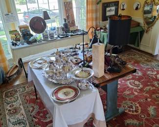SilverServing Pieces,  Lamps and Distressed  Table