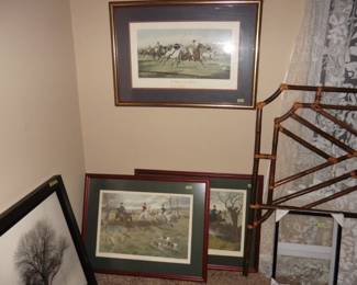 Framed Fox Hunt Art, Rattan Head Board