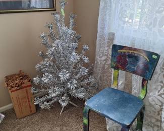 The Real Deal Silver Christmas Tree with Box. Painted Chair, Fox Hunt Print