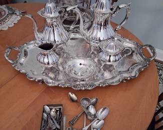 Silver Plate Tea / Coffee Set, Souvenir Spoons, Chafing Dish