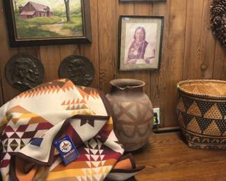 Pendleton blanket, vintage chief photos, vintage large pot