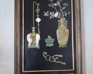 Chinese Carved Stone and Mother of Pearl Inlaid Wall Panel size 2'4" x 4'2"