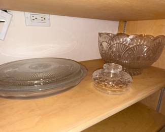 L.E. Smith Glass Punch Bowl Set with Cake Stand and Lidded Dish