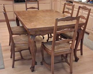 French Provincial Oak Parquet Dining Set with 6 Chairs