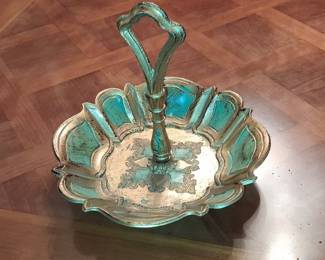 Vintage Florentine Gilt Metal Footed Serving Dish with Handle