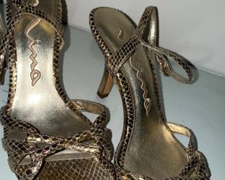 Nina "Ulphia" Gold Metallic Snakeskin Print Stiletto Sandals