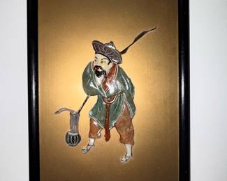 Antique Asian Relief Plaque with Man Holding Lantern - Mother of Pearl Inlay