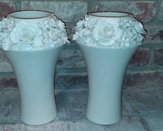 Pair of White Ceramic Vases with Applied Roses