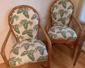 Pair of Rattan Armchairs with Tropical Leaf Upholstery