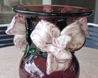 Murano Style Amethyst Glass Vase with Applied Floral Motifs