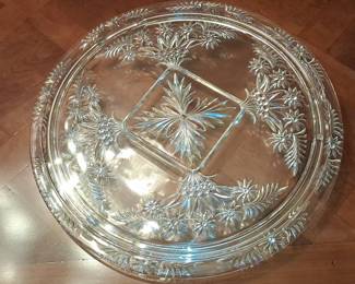 Vintage Pressed Glass Cake Stand with Floral Etching and Square Pedestal