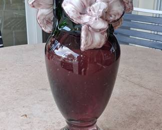 Murano Style Amethyst Glass Vase with Applied Floral Motifs