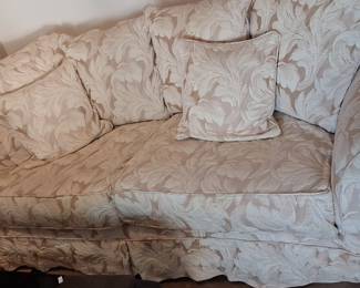 Ethan Allen Off White Damask Upholstered Rolled Arm Sofa