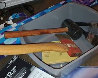 Assorted Hand Tools Set with Vintage Axe, Rubber Mallet, Paint Brushes, Sandpaper, and Batteries