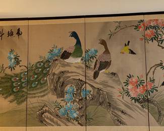 Vintage Japanese Four-Panel Screen with Peacocks and Azaleas, Signed