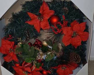Artificial Christmas Wreath with Poinsettias, Pinecones, and Ornaments