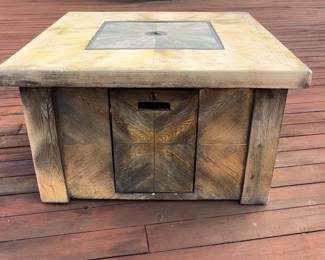 Square Propane Fire Pit Table with Faux Wood Finish and Metallic Inset