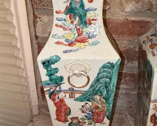 Pair of Chinese Famille Rose Square Vases with Scholar Scenes