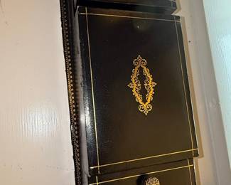 Vintage Black Lacquer Jewelry Box with Gilt Embellishments and Red Velvet Lining