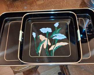 Vintage Japanese Black Lacquerware Nesting Trays with Calla Lily Floral Design
