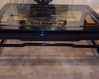 Vintage Black Lacquered Chinoiserie Coffee Table with Glass Top size 3'5" x 4'8"