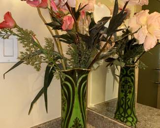 Art Nouveau Majolica Green Ceramic Vase with Floral Motif