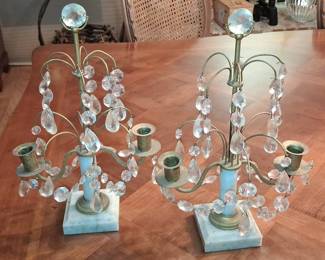 Pair of Gilt Bronze and Crystal Candelabra with Marble Bases