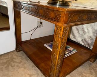 Vintage Carved Wood and Glass Top End Table