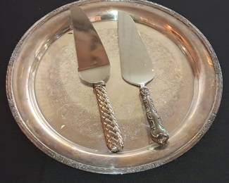 Silver Plated Cake Knife and Server Set with Ornate Handles and Embossed Platter