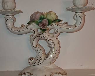 Dresden Porcelain Candelabra with Applied Roses and Gilt Trim