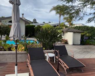 Wicker and Metal Chaise Lounge Set with Cantilever Umbrella