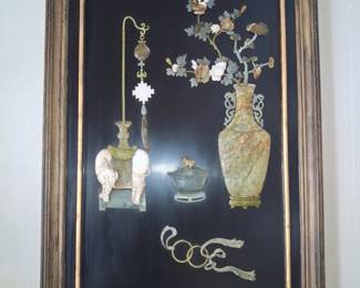Chinese Carved Stone and Mother of Pearl Inlaid Wall Panel size 2'4" x 4'2"