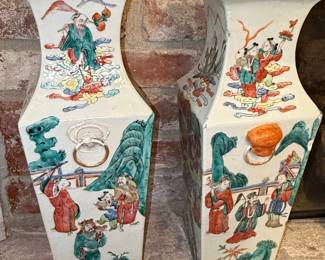 Pair of Chinese Famille Rose Square Vases with Scholar Scenes