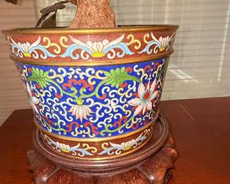 Vintage Chinese Jade and Agate Bonsai Tree Sculpture in Cloisonné Pot with Wooden Stand